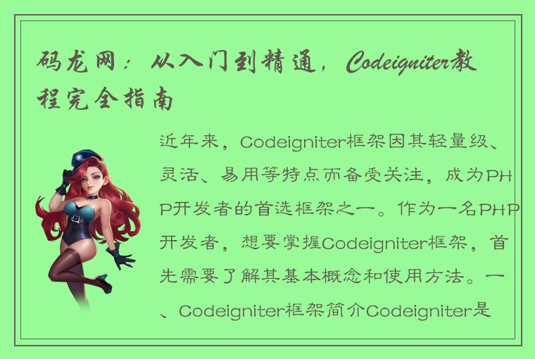 码龙网：从入门到精通，Codeigniter教程完全指南