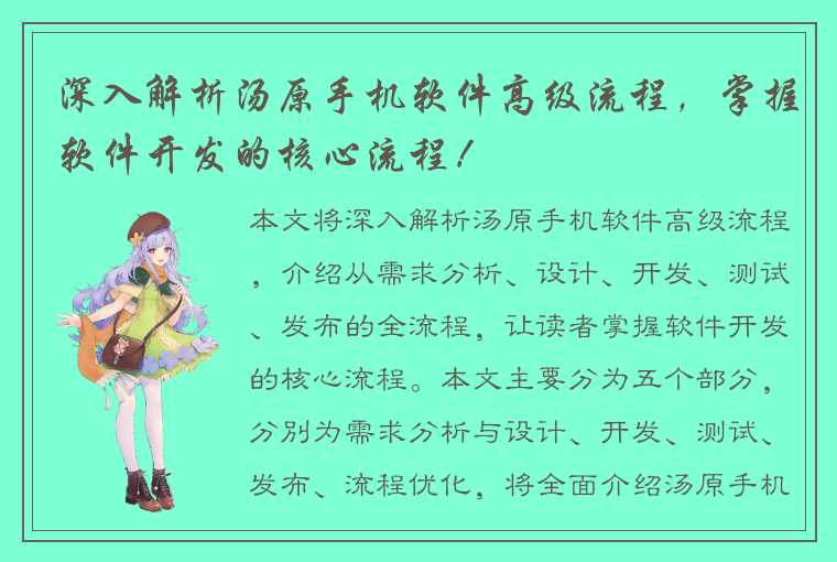 深入解析汤原手机软件高级流程，掌握软件开发的核心流程！